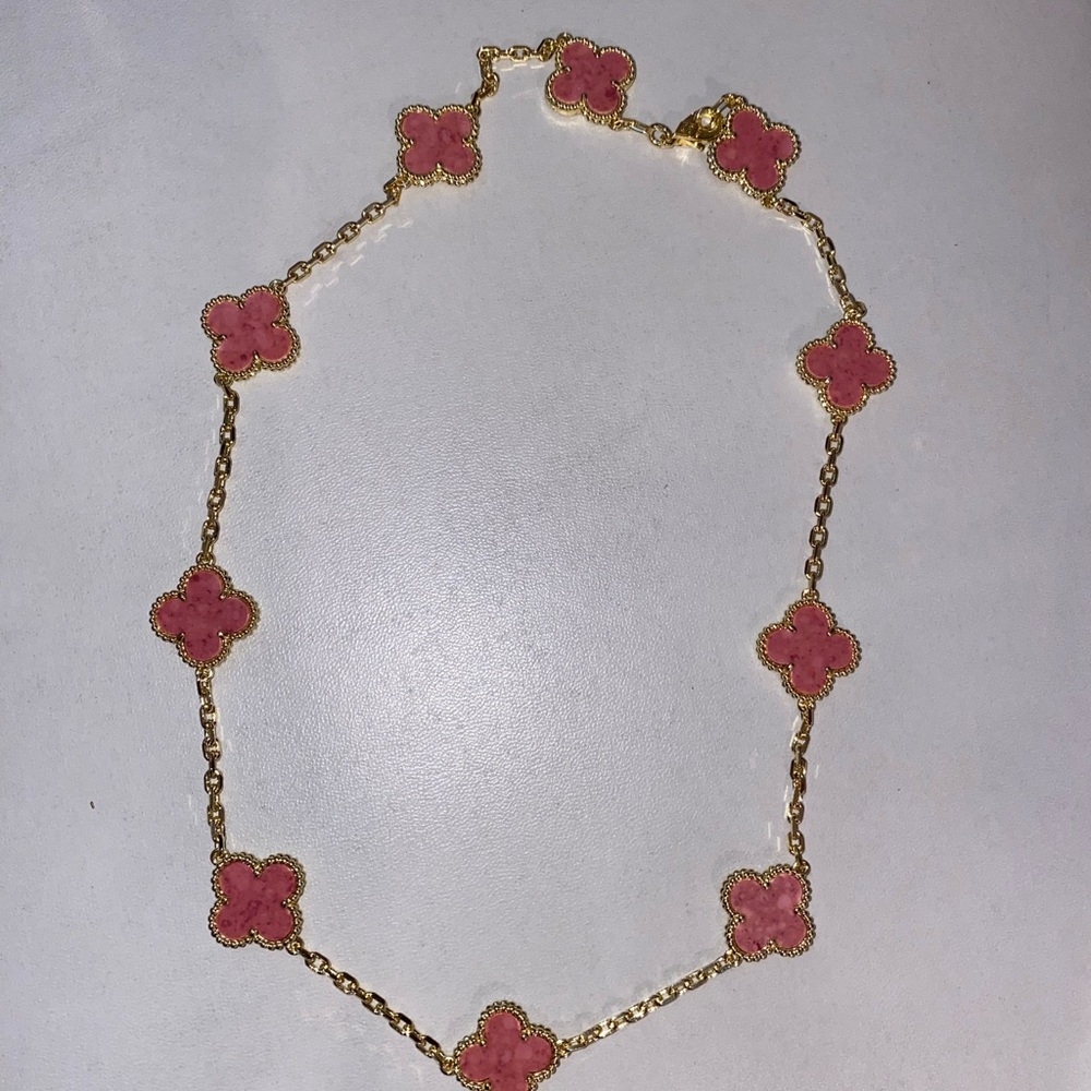 Elegant Pink and Gold Floral Clover Necklace